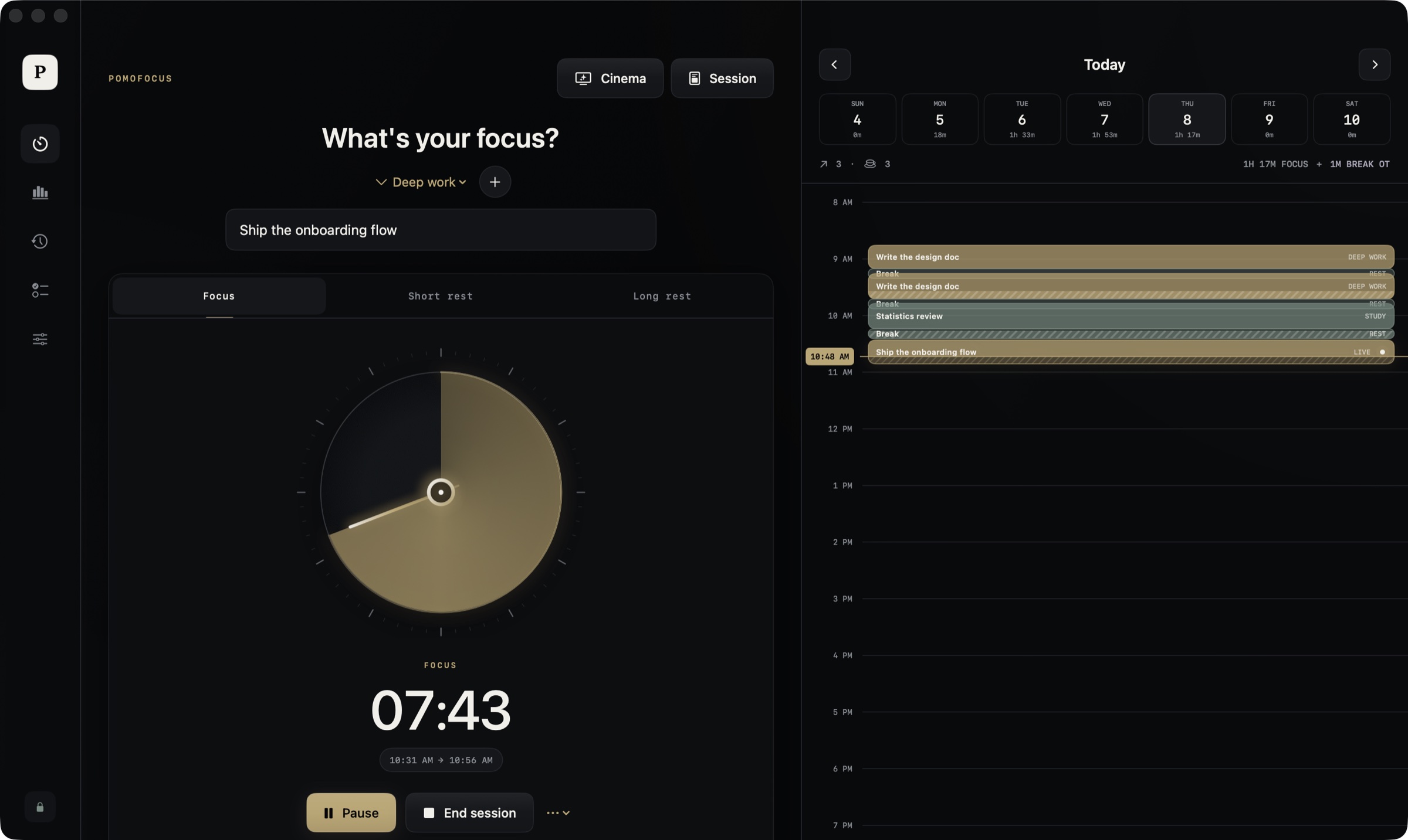 Pomofocus on the Mac: a live analog dial for the current focus block, the intention, and a timeline of today's focus and breaks